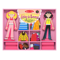 Two wooden dolls, one blonde and one brunette, in a pink tray with compartments of colorful magnetic clothes.