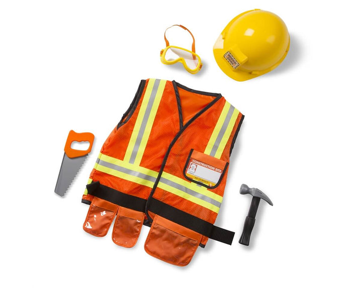 Orange safety vest with reflective yellow stripes, yellow hard hat, goggles, toy saw, and hammer.