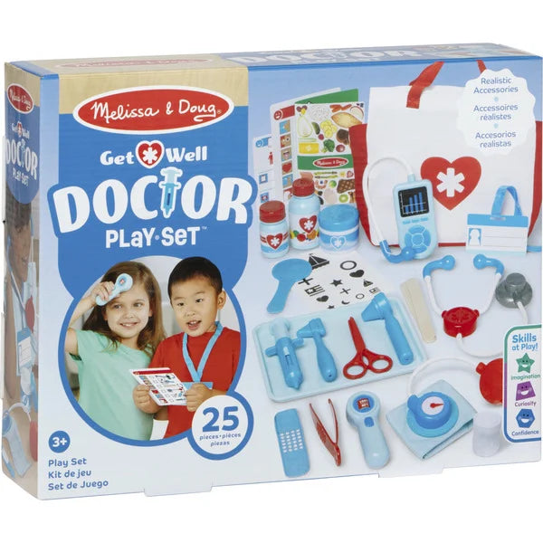 Blue toy doctor kit box showing 25 red and blue medical tools, a white bag, and two smiling children playing.