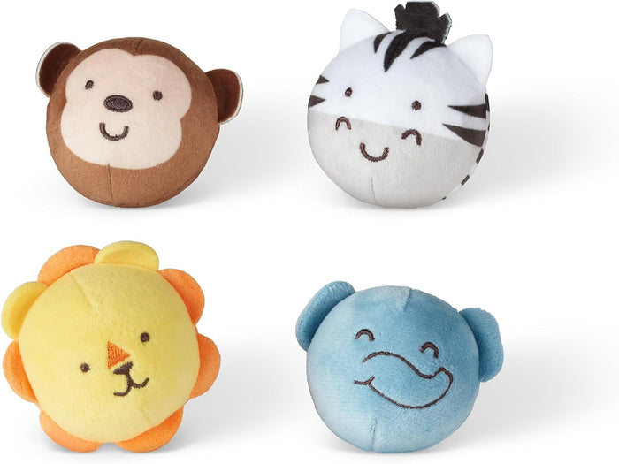 Four round plush safari animal toys: a brown monkey, striped zebra, yellow lion, and blue elephant.