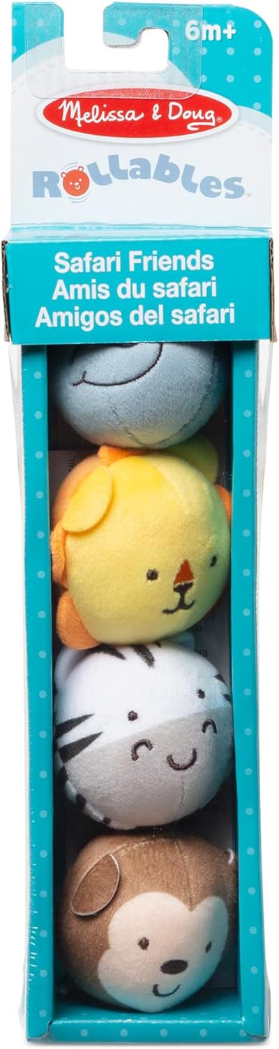 Four round plush safari animals stacked in a teal windowed box, including a yellow lion, white zebra, and brown monkey.
