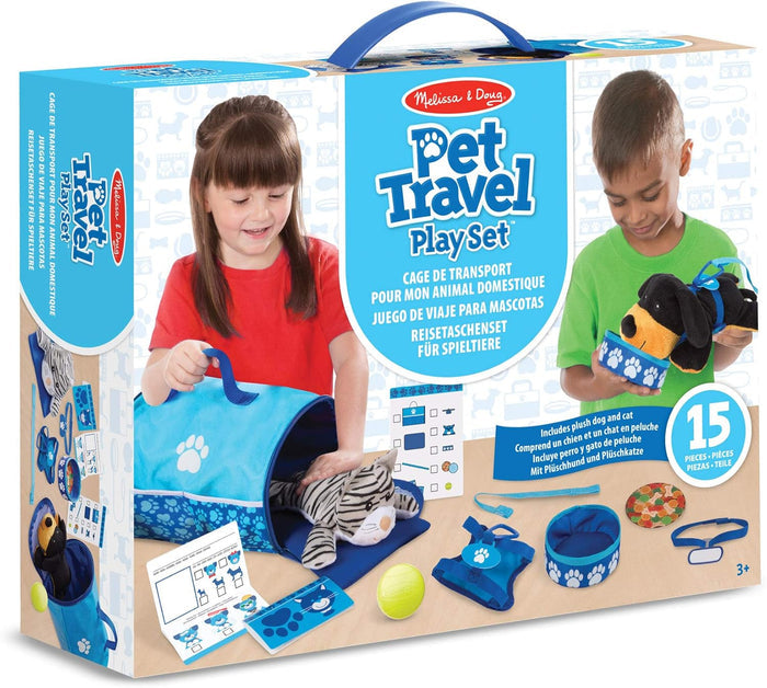 Box for a 15-piece pet toy set featuring two kids, a blue carrier, plush cat and dog, and travel accessories.