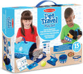 Box for a 15-piece pet toy set featuring two kids, a blue carrier, plush cat and dog, and travel accessories.