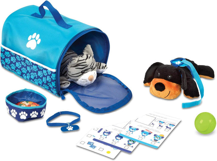 Blue pet carrier with plush cat and dog, food bowl, collar, leash, green ball, and travel checklists on white background.