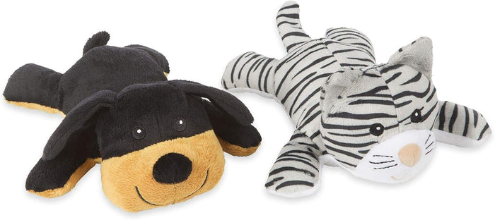 Plush black and tan dog toy next to a white and grey striped tiger toy, both lying flat.