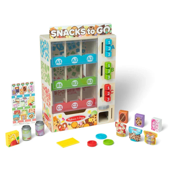 Wooden toy vending machine with colorful snack slots, buttons, play food packages, cans, coins, and credit card.