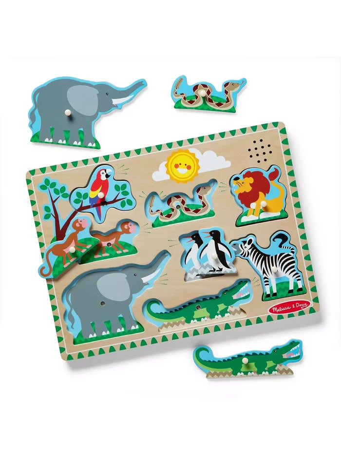 Wooden zoo animal peg puzzle with elephant, snake, and crocodile pieces removed from the illustrated board.