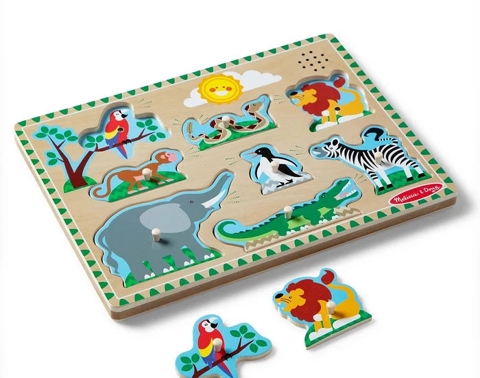 Wooden zoo animal peg puzzle with 8 colorful pieces. The lion and parrot pieces are shown removed from the board.