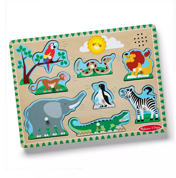 Wooden peg puzzle with eight colorful animal pieces including a lion and elephant on a light wood background.