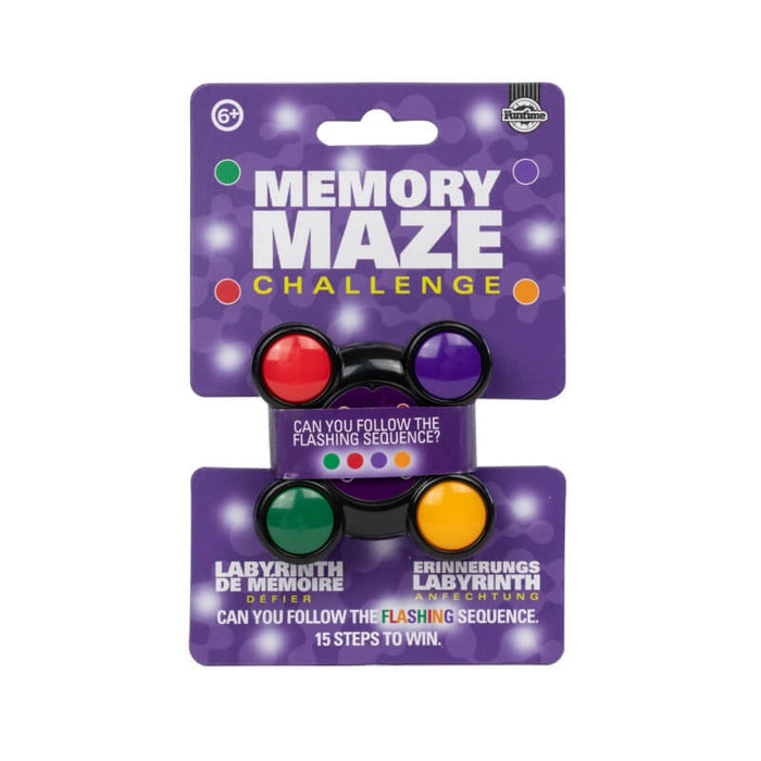 Circular black handheld toy with four colored buttons—red, purple, green, and yellow—inside purple retail packaging.