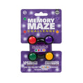 Circular black handheld toy with four colored buttons—red, purple, green, and yellow—inside purple retail packaging.