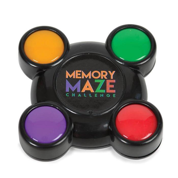 Black handheld game with orange, green, purple, and red circular buttons around a central Memory Maze logo.