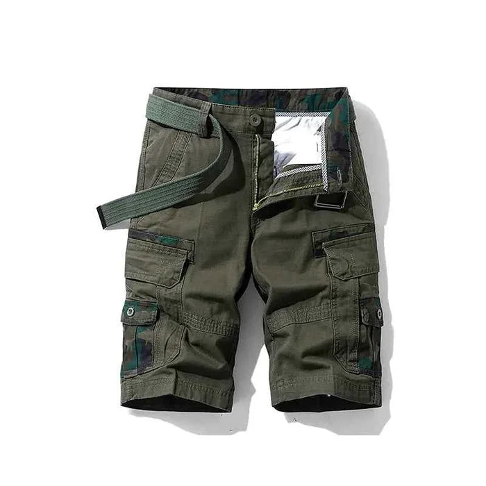 Men's green 100% cotton cargo shorts by Mead's Supply & Equipment Outfitters, knee-length outdoor summer wear, casual style.