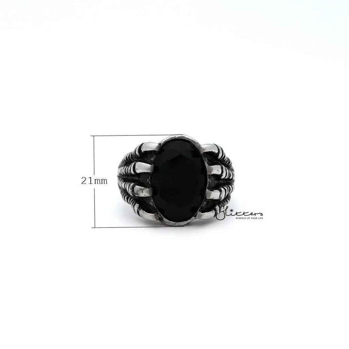Men's stainless steel ring by Glitters featuring an antiqued finish, black CZ stone claw design and casting details.