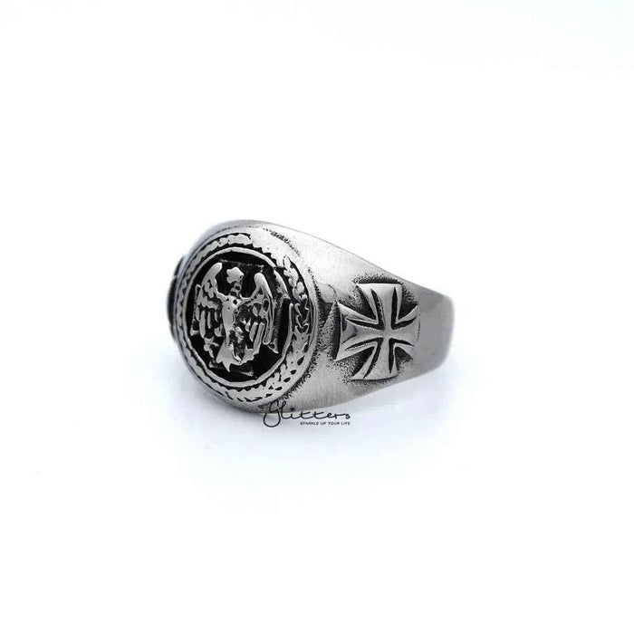 Men's antiqued stainless steel eagle casting rings by Glitters, featuring detailed eagle designs on durable stainless steel bands.