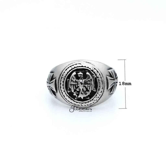 Men's antiqued stainless steel eagle casting rings by Glitters, featuring detailed eagle design on durable stainless steel band.