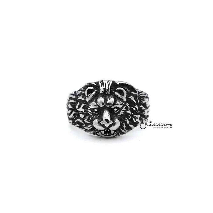 Men's Gothic lion heart casting rings made of antiqued stainless steel by Glitters, featuring intricate gothic design details.