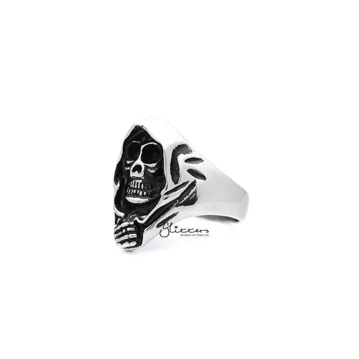 Men's antiqued stainless steel Grimm Ripper skeleton skull casting rings by Glitters, featuring detailed skull and bone design.