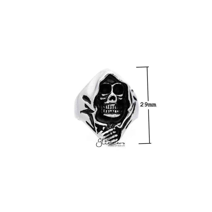 Men's antiqued stainless steel Grimm Ripper skeleton skull casting rings by Glitters, featuring detailed skull and skeleton design.