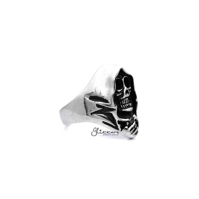 Men's antiqued stainless steel Grimm Ripper skeleton skull casting rings by Glitters, featuring detailed skull and skeleton design.