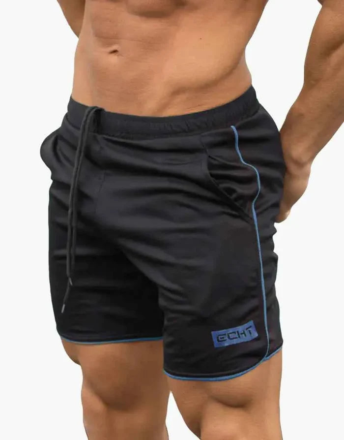 Black men's athletic running shorts by Mead's Supply & Equipment Outfitters, moisture-wicking breathable gym shorts for outdoor sports.