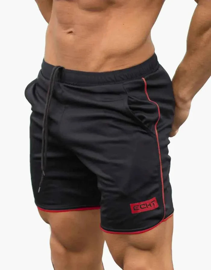 Men's athletic running shorts by Mead's Supply & Equipment Outfitters, black, moisture-wicking, breathable gym shorts for outdoor sports.