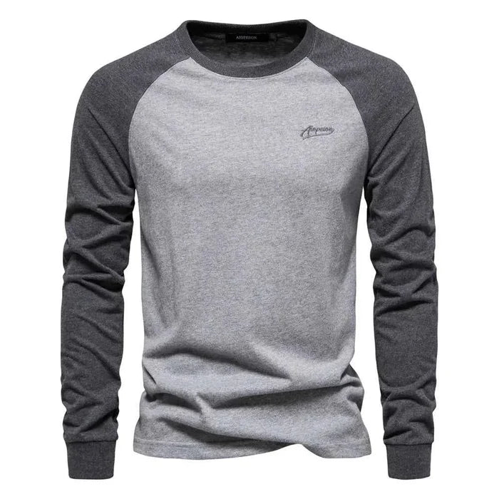 Men's cotton long sleeve color block T-shirt in khaki from Mead's Supply & Equipment Outfitters, casual style and comfortable fit