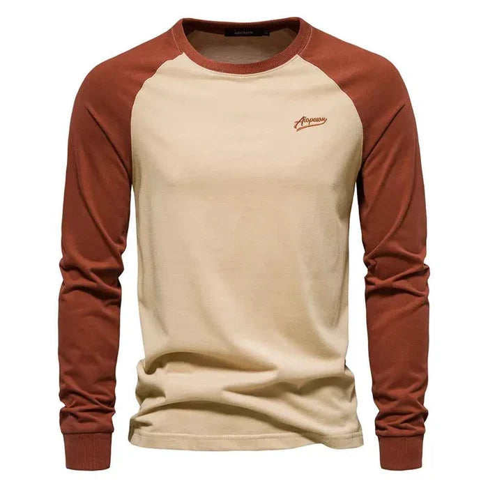 Men's cotton long sleeve color block T-shirt in khaki, casual and comfortable, from Mead's Supply & Equipment Outfitters.