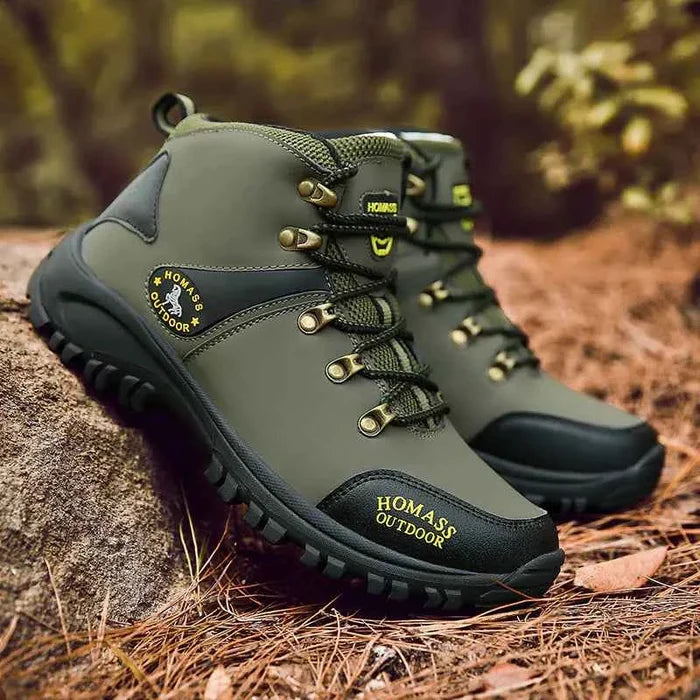 Men's high-top outdoor hiking shoes by Mead's Supply & Equipment, waterproof trail boots in black, all-terrain footwear for rugged hikes.