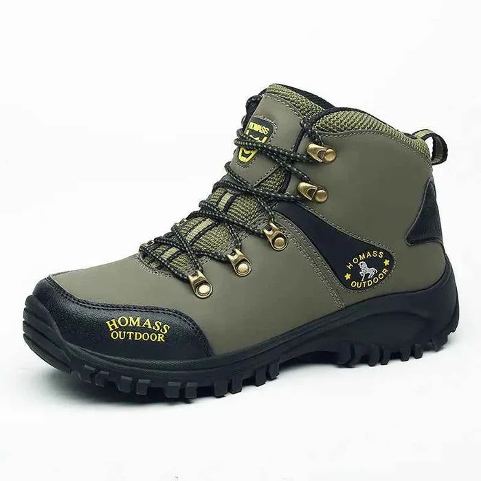 Men's black high-top outdoor hiking shoes by Mead's Supply & Equipment Outfitters, waterproof trail boots for all-terrain hiking.