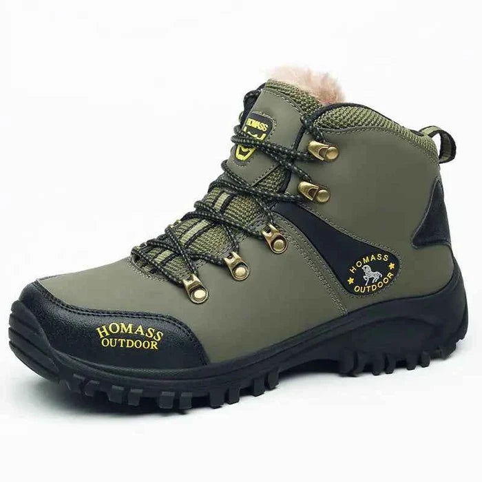 Men's black high-top outdoor hiking shoes by Mead's Supply & Equipment, waterproof trail boots for all-terrain adventures.
