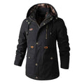 Men's black plus size hooded windbreaker jacket by Mead's Supply & Equipment Outfitters, lightweight outdoor wind jacket with hood.