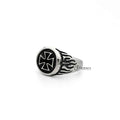 Men's stainless steel circle cross casting rings by Glitters, showcasing sleek, polished design with detailed cross and circular pattern.