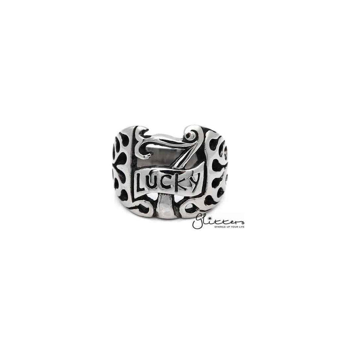 Men's stainless steel "Lucky 7" casting rings by Glitters, featuring a polished finish and bold design.