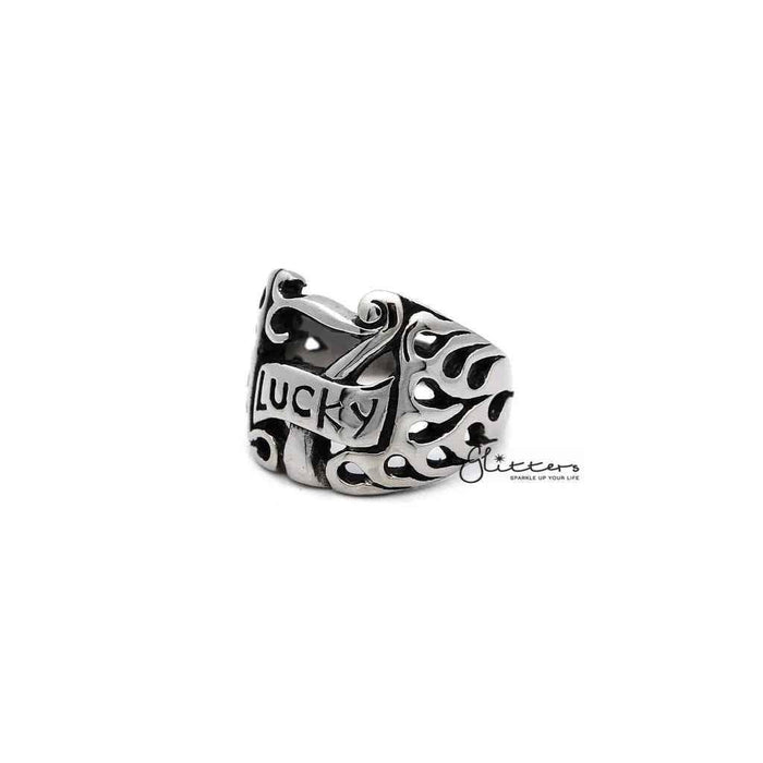 Men's stainless steel "Lucky 7" casting rings by Glitters, featuring polished silver finish and intricate design details.