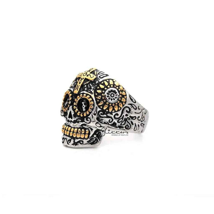 Men's stainless steel rings featuring a two-tone skull and cross design by Glitters, showcasing bold, detailed craftsmanship.