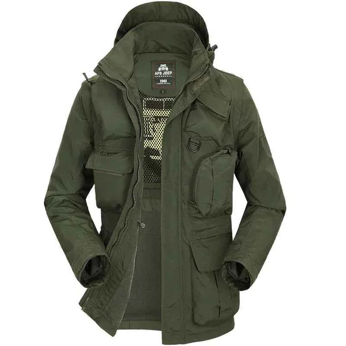 Men's tactical jacket with removable sleeves in army green by Mead's Supply & Equipment Outfitters, ideal for fall and winter.
