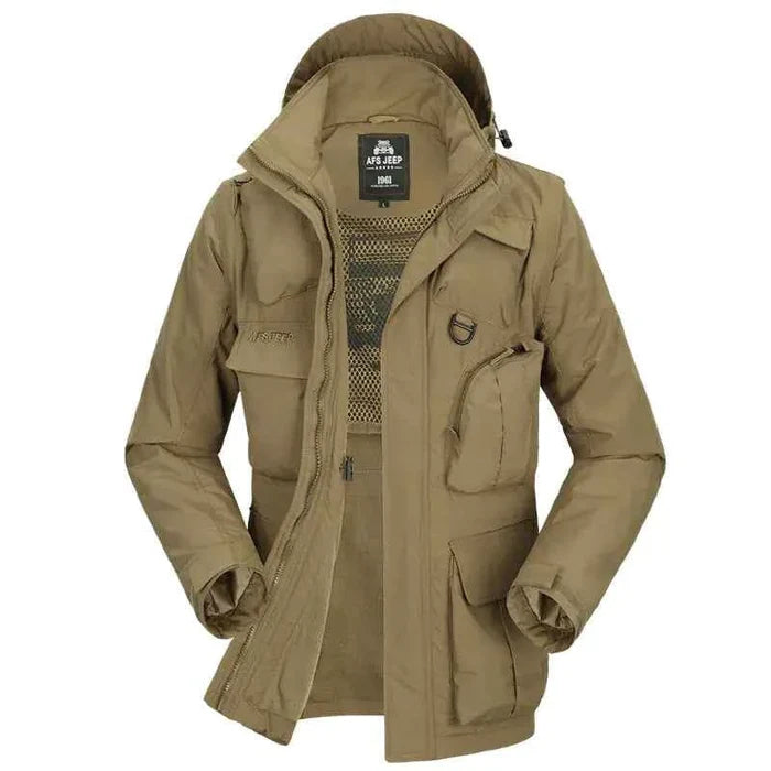Men's tactical jacket by Mead's Supply & Equipment Outfitters in army green with removable sleeves, ideal for fall and winter outdoor wear.