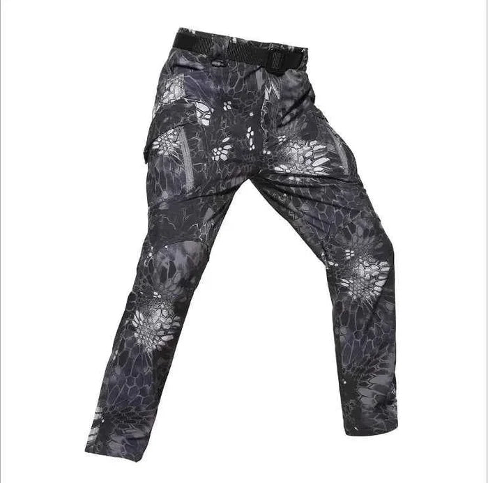 Men's tactical outdoor assault pants in black, Shark Skin soft shell cargo style, military-inspired design, from Mead's Supply & Equipment.