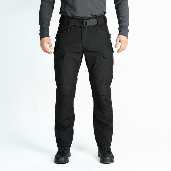 Black men's tactical cargo pants with water-resistant soft shell fabric and fleece lining, ideal for outdoor activities.