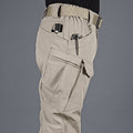 Men's tactical water-resistant flex ripstop cargo pants in dark color, with multiple pockets and durable fabric for outdoor use