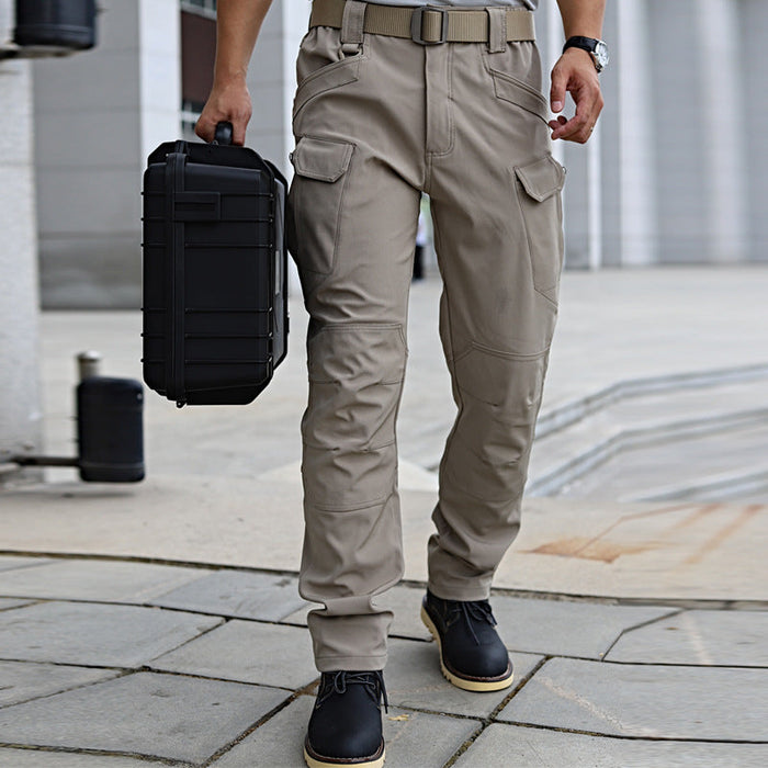 Men's tactical cargo pants from dealonline.co.nz, water-resistant flex ripstop fabric with multiple utility pockets.