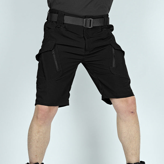 Men's tactical water-resistant cargo shorts with ripstop fabric, lightweight hiking design, suitable for outdoor activities.