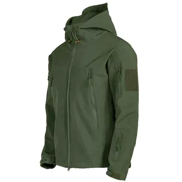 Men's tactical waterproof Shark Skin jacket by Mead's Supply & Equipment Outfitters, softshell outdoor jacket with fleece lining in green.