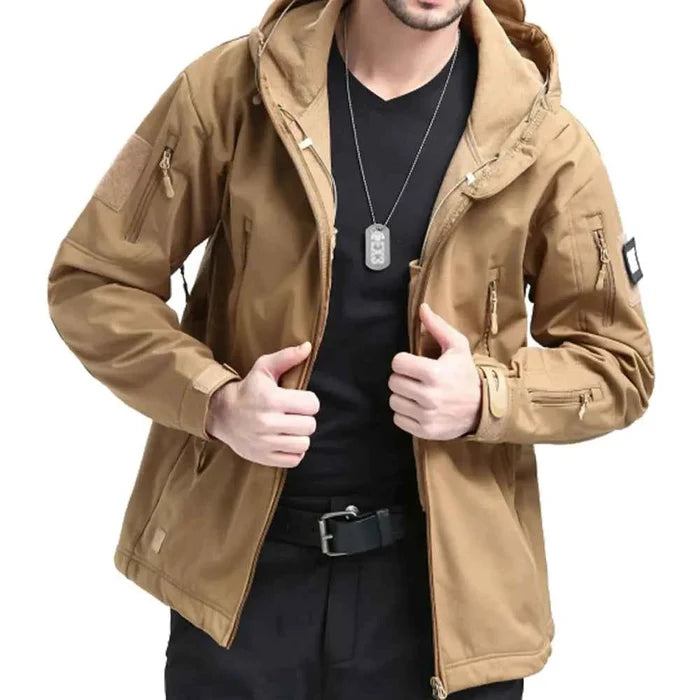 Men's Mead's Supply waterproof Shark Skin tactical softshell jacket with fleece lining, green outdoor jacket, durable and weather-resistant.