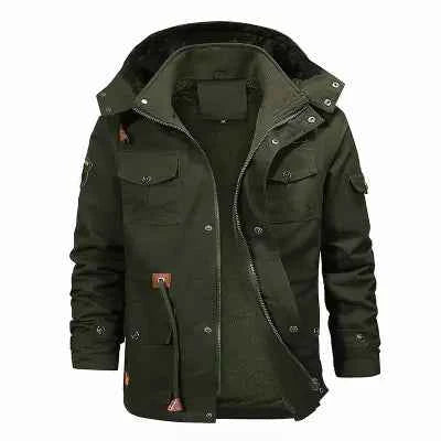 Men's khaki thickened cotton jacket with removable velvet lining, hooded winter coat from Mead's Supply & Equipment Outfitters.