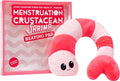 Pink and white striped plush shrimp heating pad with a cute face, shown next to its branded pink and clear display box.