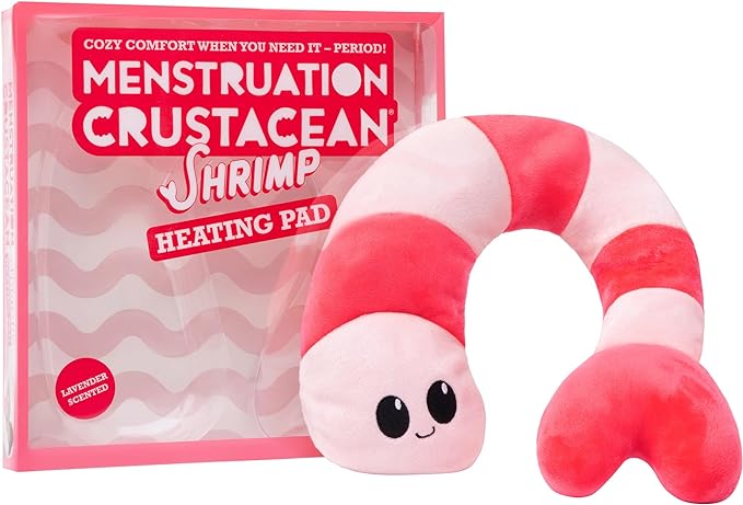 Pink and white striped plush shrimp heating pad with a cute face, shown next to its branded pink and clear display box.
