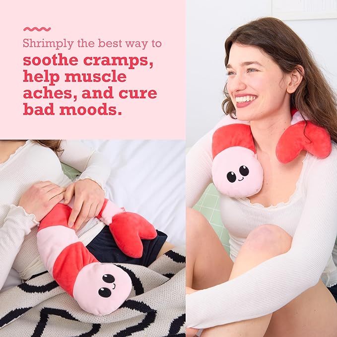Pink and red striped shrimp plush heating pad with a cute face, shown being used on the neck and abdomen.