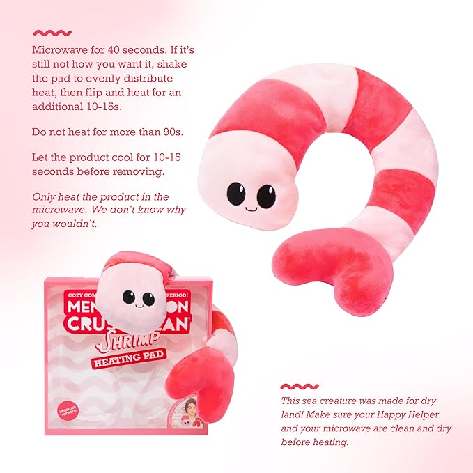 U-shaped pink and red striped shrimp plush heating pad with a cute face, shown loose and in its pink packaging.